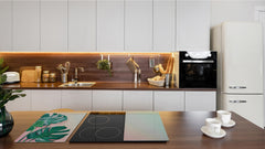 Induction Cooktop Cover Kitchen Board – Impact Resistant Glass Pastry Board – Heat resistant; MEASURES: SINGLE: 60 x 52 cm (23,62” x 20,47”); DOUBLE: 30 x 52 cm (11,81” x 20,47”); D31 Tropical Leaves Series: Monstera on pink background
