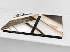 TEMPERED GLASS CHOPPING BOARD – Glass Cutting Board and Worktop Saver – Worktop protector; MEASURES: SINGLE: 60 x 52 cm (23,62” x 20,47”); DOUBLE: 30 x 52 cm (11,81” x 20,47”); D30 Decorative Surfaces Series: Black and white interwoven with gold 1