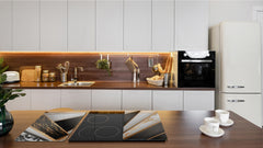 TEMPERED GLASS CHOPPING BOARD – Glass Cutting Board and Worktop Saver – Worktop protector; MEASURES: SINGLE: 60 x 52 cm (23,62” x 20,47”); DOUBLE: 30 x 52 cm (11,81” x 20,47”); D30 Decorative Surfaces Series: Black and white interwoven with gold 2