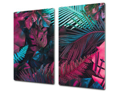 Tempered GLASS Kitchen Board – Impact & Scratch Resistant D27 Vintage leaves and patterns Series: Abstract tropical leaves