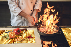 Tempered GLASS Cutting Board – Worktop saver and Pastry Board – Glass Kitchen Board; MEASURES: SINGLE: 60 x 52 cm (23,62” x 20,47”); DOUBLE: 30 x 52 cm (11,81” x 20,47”); D28 Golden Waves Series: Luxury fabric 2