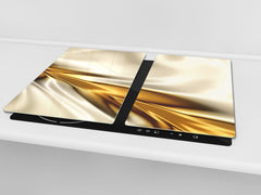 Tempered GLASS Cutting Board – Worktop saver and Pastry Board – Glass Kitchen Board; MEASURES: SINGLE: 60 x 52 cm (23,62” x 20,47”); DOUBLE: 30 x 52 cm (11,81” x 20,47”); D28 Golden Waves Series: Golden spike