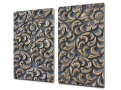 TEMPERED GLASS CHOPPING BOARD – Glass Cutting Board and Worktop Saver – Worktop protector; MEASURES: SINGLE: 60 x 52 cm (23,62” x 20,47”); DOUBLE: 30 x 52 cm (11,81” x 20,47”); D30 Decorative Surfaces Series: Wooden flowers