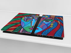 Induction Cooktop Cover –Shatter Resistant Glass Kitchen Board – Hob cover; MEASURES: SINGLE: 60 x 52 cm (23,62” x 20,47”); DOUBLE: 30 x 52 cm (11,81” x 20,47”); D32 Paintings Series: Cubism illustration of an elegant woman