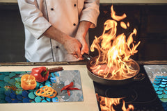 TEMPERED GLASS CHOPPING BOARD – Glass Cutting Board and Worktop Saver – Worktop protector; MEASURES: SINGLE: 60 x 52 cm (23,62” x 20,47”); DOUBLE: 30 x 52 cm (11,81” x 20,47”); D30 Decorative Surfaces Series: Turquoise fish-like scale