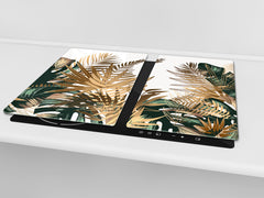 Induction Cooktop Cover Kitchen Board – Impact Resistant Glass Pastry Board – Heat resistant; MEASURES: SINGLE: 60 x 52 cm (23,62” x 20,47”); DOUBLE: 30 x 52 cm (11,81” x 20,47”); D31 Tropical Leaves Series: Tropical pattern