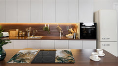 Induction Cooktop Cover Kitchen Board – Impact Resistant Glass Pastry Board – Heat resistant; MEASURES: SINGLE: 60 x 52 cm (23,62” x 20,47”); DOUBLE: 30 x 52 cm (11,81” x 20,47”); D31 Tropical Leaves Series: Tropical pattern