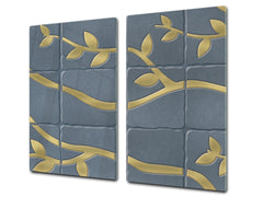 KITCHEN BOARD & Induction Cooktop Cover – Glass Pastry Board D25 Textures and tiles 1 Series: Golden branches on a blue background