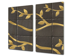 KITCHEN BOARD & Induction Cooktop Cover – Glass Pastry Board D25 Textures and tiles 1 Series: Golden branches on a dark background