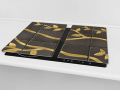 KITCHEN BOARD & Induction Cooktop Cover – Glass Pastry Board D25 Textures and tiles 1 Series: Golden branches on a dark background