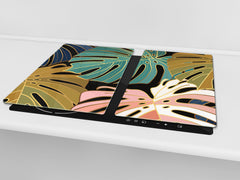 Induction Cooktop Cover Kitchen Board – Impact Resistant Glass Pastry Board – Heat resistant; MEASURES: SINGLE: 60 x 52 cm (23,62” x 20,47”); DOUBLE: 30 x 52 cm (11,81” x 20,47”); D31 Tropical Leaves Series: Vector art
