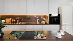 Induction Cooktop Cover Kitchen Board – Impact Resistant Glass Pastry Board – Heat resistant; MEASURES: SINGLE: 60 x 52 cm (23,62” x 20,47”); DOUBLE: 30 x 52 cm (11,81” x 20,47”); D31 Tropical Leaves Series: Vector art