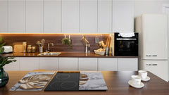 Induction Cooktop Cover Kitchen Board – Impact Resistant Glass Pastry Board – Heat resistant; MEASURES: SINGLE: 60 x 52 cm (23,62” x 20,47”); DOUBLE: 30 x 52 cm (11,81” x 20,47”); D31 Tropical Leaves Series: Golden leaf on marble