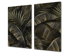 Induction Cooktop Cover Kitchen Board – Impact Resistant Glass Pastry Board – Heat resistant; MEASURES: SINGLE: 60 x 52 cm (23,62” x 20,47”); DOUBLE: 30 x 52 cm (11,81” x 20,47”); D31 Tropical Leaves Series: Exotic pattern 1