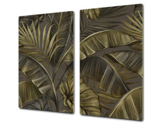 Induction Cooktop Cover Kitchen Board – Impact Resistant Glass Pastry Board – Heat resistant; MEASURES: SINGLE: 60 x 52 cm (23,62” x 20,47”); DOUBLE: 30 x 52 cm (11,81” x 20,47”); D31 Tropical Leaves Series: Dark banana leaves