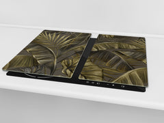 Induction Cooktop Cover Kitchen Board – Impact Resistant Glass Pastry Board – Heat resistant; MEASURES: SINGLE: 60 x 52 cm (23,62” x 20,47”); DOUBLE: 30 x 52 cm (11,81” x 20,47”); D31 Tropical Leaves Series: Dark banana leaves