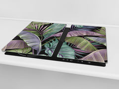 Induction Cooktop Cover Kitchen Board – Impact Resistant Glass Pastry Board – Heat resistant; MEASURES: SINGLE: 60 x 52 cm (23,62” x 20,47”); DOUBLE: 30 x 52 cm (11,81” x 20,47”); D31 Tropical Leaves Series: Exotic pattern 2