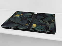 Induction Cooktop Cover Kitchen Board – Impact Resistant Glass Pastry Board – Heat resistant; MEASURES: SINGLE: 60 x 52 cm (23,62” x 20,47”); DOUBLE: 30 x 52 cm (11,81” x 20,47”); D31 Tropical Leaves Series: Leafy wallpaper