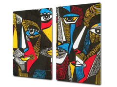 Induction Cooktop Cover –Shatter Resistant Glass Kitchen Board – Hob cover; MEASURES: SINGLE: 60 x 52 cm (23,62” x 20,47”); DOUBLE: 30 x 52 cm (11,81” x 20,47”); D32 Paintings Series: Surreal coloured faces