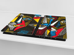Induction Cooktop Cover –Shatter Resistant Glass Kitchen Board – Hob cover; MEASURES: SINGLE: 60 x 52 cm (23,62” x 20,47”); DOUBLE: 30 x 52 cm (11,81” x 20,47”); D32 Paintings Series: Surreal coloured faces