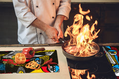 Induction Cooktop Cover –Shatter Resistant Glass Kitchen Board – Hob cover; MEASURES: SINGLE: 60 x 52 cm (23,62” x 20,47”); DOUBLE: 30 x 52 cm (11,81” x 20,47”); D32 Paintings Series: Surreal coloured faces