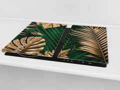 Induction Cooktop Cover Kitchen Board – Impact Resistant Glass Pastry Board – Heat resistant; MEASURES: SINGLE: 60 x 52 cm (23,62” x 20,47”); DOUBLE: 30 x 52 cm (11,81” x 20,47”); D31 Tropical Leaves Series: Creative nature background