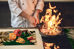 Induction Cooktop Cover Kitchen Board – Impact Resistant Glass Pastry Board – Heat resistant; MEASURES: SINGLE: 60 x 52 cm (23,62” x 20,47”); DOUBLE: 30 x 52 cm (11,81” x 20,47”); D31 Tropical Leaves Series: Creative nature background