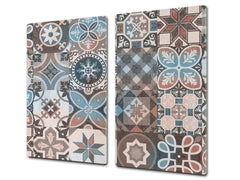 Tempered GLASS Kitchen Board – Impact & Scratch Resistant D27 Vintage leaves and patterns Series: Spanish mosaic tiles