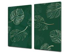 Induction Cooktop Cover Kitchen Board – Impact Resistant Glass Pastry Board – Heat resistant; MEASURES: SINGLE: 60 x 52 cm (23,62” x 20,47”); DOUBLE: 30 x 52 cm (11,81” x 20,47”); D31 Tropical Leaves Series: Modern monstera leaves