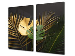 Induction Cooktop Cover Kitchen Board – Impact Resistant Glass Pastry Board – Heat resistant; MEASURES: SINGLE: 60 x 52 cm (23,62” x 20,47”); DOUBLE: 30 x 52 cm (11,81” x 20,47”); D31 Tropical Leaves Series: Leave texture on black background
