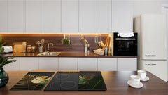 Induction Cooktop Cover Kitchen Board – Impact Resistant Glass Pastry Board – Heat resistant; MEASURES: SINGLE: 60 x 52 cm (23,62” x 20,47”); DOUBLE: 30 x 52 cm (11,81” x 20,47”); D31 Tropical Leaves Series: Leave texture on black background