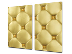 TEMPERED GLASS CHOPPING BOARD – Glass Cutting Board and Worktop Saver – Worktop protector; MEASURES: SINGLE: 60 x 52 cm (23,62” x 20,47”); DOUBLE: 30 x 52 cm (11,81” x 20,47”); D30 Decorative Surfaces Series: Golden leather upholstery 1