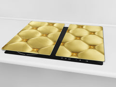 TEMPERED GLASS CHOPPING BOARD – Glass Cutting Board and Worktop Saver – Worktop protector; MEASURES: SINGLE: 60 x 52 cm (23,62” x 20,47”); DOUBLE: 30 x 52 cm (11,81” x 20,47”); D30 Decorative Surfaces Series: Golden leather upholstery 1