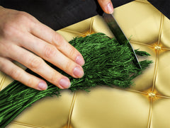 TEMPERED GLASS CHOPPING BOARD – Glass Cutting Board and Worktop Saver – Worktop protector; MEASURES: SINGLE: 60 x 52 cm (23,62” x 20,47”); DOUBLE: 30 x 52 cm (11,81” x 20,47”); D30 Decorative Surfaces Series: Golden leather upholstery 1