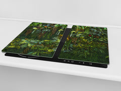 Tempered GLASS Kitchen Board – Impact & Scratch Resistant D27 Vintage leaves and patterns Series: Rich green fern