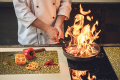 TEMPERED GLASS CHOPPING BOARD – Glass Cutting Board and Worktop Saver – Worktop protector; MEASURES: SINGLE: 60 x 52 cm (23,62” x 20,47”); DOUBLE: 30 x 52 cm (11,81” x 20,47”); D30 Decorative Surfaces Series: Luxury golden pattern