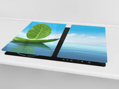CUTTING BOARD and Cooktop Cover - Impact & Shatter Resistant Glass D02 Water Series: Leaves 10