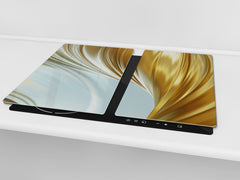 Tempered GLASS Cutting Board – Worktop saver and Pastry Board –- Glass Kitchen Board; MEASURES: SINGLE: 60 x 52 cm (23,62” x 20,47”); DOUBLE: 30 x 52 cm (11,81” x 20,47”); D28 Golden Waves Series: Gold satin background