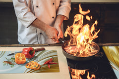 Tempered GLASS Cutting Board – Worktop saver and Pastry Board –- Glass Kitchen Board; MEASURES: SINGLE: 60 x 52 cm (23,62” x 20,47”); DOUBLE: 30 x 52 cm (11,81” x 20,47”); D28 Golden Waves Series: Gold satin background