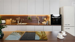 Tempered GLASS Cutting Board – Worktop saver and Pastry Board –- Glass Kitchen Board; MEASURES: SINGLE: 60 x 52 cm (23,62” x 20,47”); DOUBLE: 30 x 52 cm (11,81” x 20,47”); D28 Golden Waves Series: Gold satin background