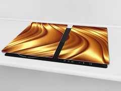 Tempered GLASS Cutting Board – Worktop saver and Pastry Board – Glass Kitchen Board; MEASURES: SINGLE: 60 x 52 cm (23,62” x 20,47”); DOUBLE: 30 x 52 cm (11,81” x 20,47”); D28 Golden Waves Series: Liquid gold 2