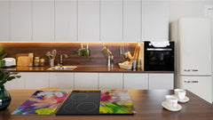 Induction Cooktop Cover –Shatter Resistant Glass Kitchen Board – Hob cover; MEASURES: SINGLE: 60 x 52 cm (23,62” x 20,47”); DOUBLE: 30 x 52 cm (11,81” x 20,47”); D32 Paintings Series: Digital flower painting