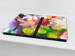 Induction Cooktop Cover –Shatter Resistant Glass Kitchen Board – Hob cover; MEASURES: SINGLE: 60 x 52 cm (23,62” x 20,47”); DOUBLE: 30 x 52 cm (11,81” x 20,47”); D32 Paintings Series: Impressionist flowers