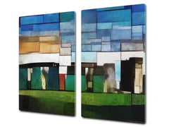 Induction Cooktop Cover –Shatter Resistant Glass Kitchen Board – Hob cover; MEASURES: SINGLE: 60 x 52 cm (23,62” x 20,47”); DOUBLE: 30 x 52 cm (11,81” x 20,47”); D32 Paintings Series: Cubist Stonehenge
