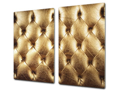 TEMPERED GLASS CHOPPING BOARD – Glass Cutting Board and Worktop Saver – Worktop protector; MEASURES: SINGLE: 60 x 52 cm (23,62” x 20,47”); DOUBLE: 30 x 52 cm (11,81” x 20,47”); D30 Decorative Surfaces Series: Golden leather upholstery 2