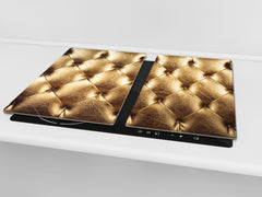 TEMPERED GLASS CHOPPING BOARD – Glass Cutting Board and Worktop Saver – Worktop protector; MEASURES: SINGLE: 60 x 52 cm (23,62” x 20,47”); DOUBLE: 30 x 52 cm (11,81” x 20,47”); D30 Decorative Surfaces Series: Golden leather upholstery 2