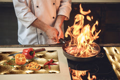 TEMPERED GLASS CHOPPING BOARD – Glass Cutting Board and Worktop Saver – Worktop protector; MEASURES: SINGLE: 60 x 52 cm (23,62” x 20,47”); DOUBLE: 30 x 52 cm (11,81” x 20,47”); D30 Decorative Surfaces Series: Golden leather upholstery 2