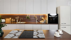 TEMPERED GLASS CHOPPING BOARD – Glass Cutting Board and Worktop Saver – Worktop protector; MEASURES: SINGLE: 60 x 52 cm (23,62” x 20,47”); DOUBLE: 30 x 52 cm (11,81” x 20,47”); D30 Decorative Surfaces Series: Golden-white tiles