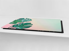BIG KITCHEN BOARD & Induction Cooktop Cover β Glass Pastry Board β SINGLE: 80 x 52 cm (31,5β x 20,47β); DOUBLE: 40 x 52 cm (15,75β x 20,47β); DD41 Tropical Leaves Series: Monstera on pink background