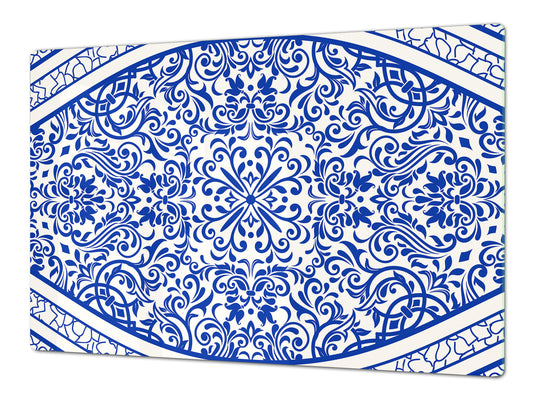 HUGE Cutting Board – Worktop saver and Pastry Board – Glass Kitchen Board DD37 Vintage leaves and patterns Series: Blue Spanish mosaic